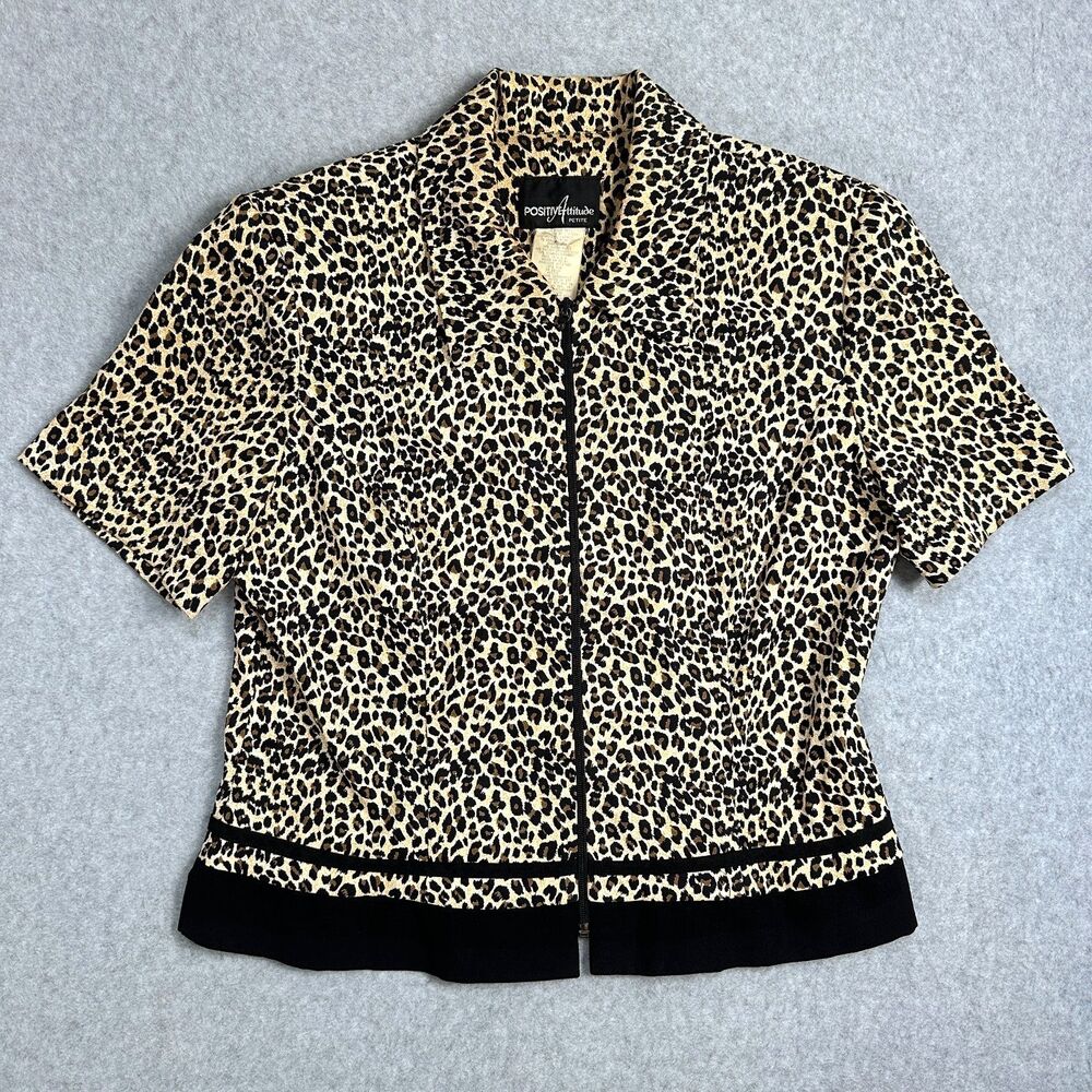 Positive Attitude Vintage Leopard Print Zip Up Blouse Size 10 Petite USA Made